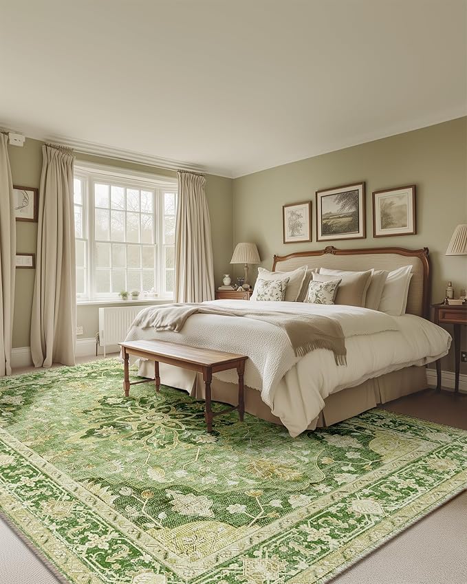 Area Rugs 8'x10' Washable Non-Slip, Floral Vintage Distress Print Pattern Medallion Carpet for Living Room Bedroom Dining Room, Sage Green Yellow