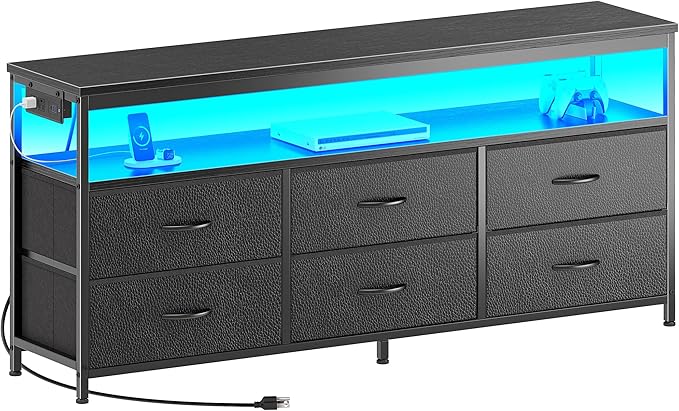 Huuger LED TV Stand for Bedroom, 55 Inch Fabric Dresser with Power Outlets, Entertainment Center for 60, 55, 50 Inch TV, 6 Drawer Dresser for Bedroom, Chest of Drawers with Shlef, PU Leather, Black