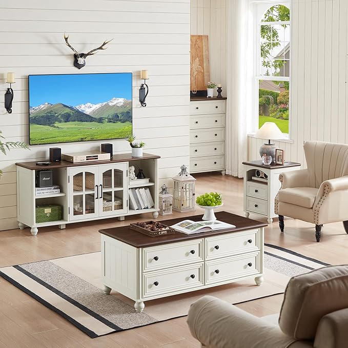 Farmhouse TV Stand for 60 Inch TV, Wood Entertainment Center with Adjustable Shelves & Glass Door Storage Cabinet,Television Stands for 65" TVS,TV Console Table for Living Room,Bedroom,White