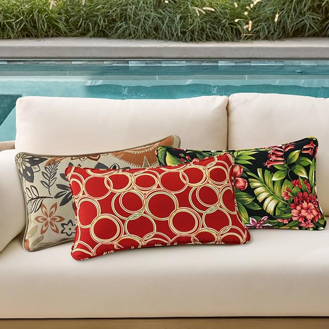 Outdoor Decorative Pillows Pack of 4, 20" x 12" Outdoor Pillow Set for Couch Bed Throw Patio Sofa, Red Flower Green Leaf