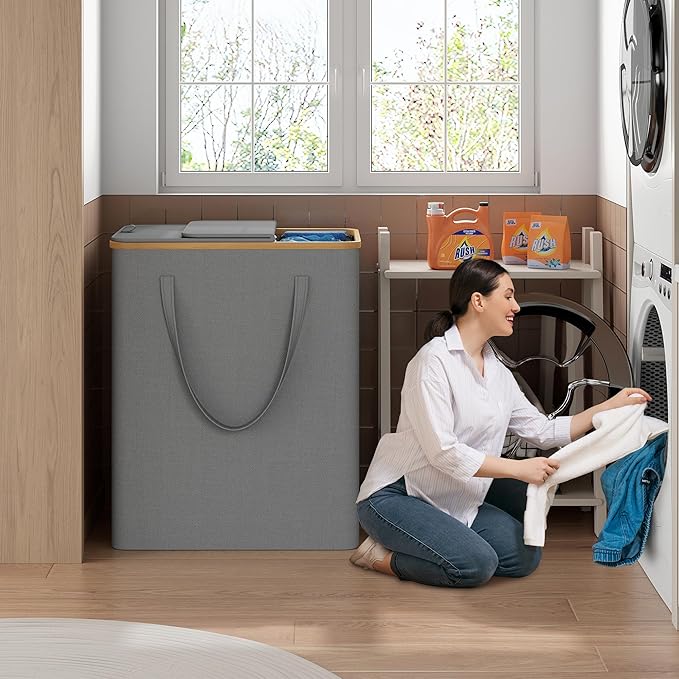 170L Laundry Hamper with Lid 3 Section, Extra Large Laundry Basket with 3 Removable Bags, Laundry Basket Organizer for Bedroom, Laundry Room, Dorm, Clothes Hamper, Grey