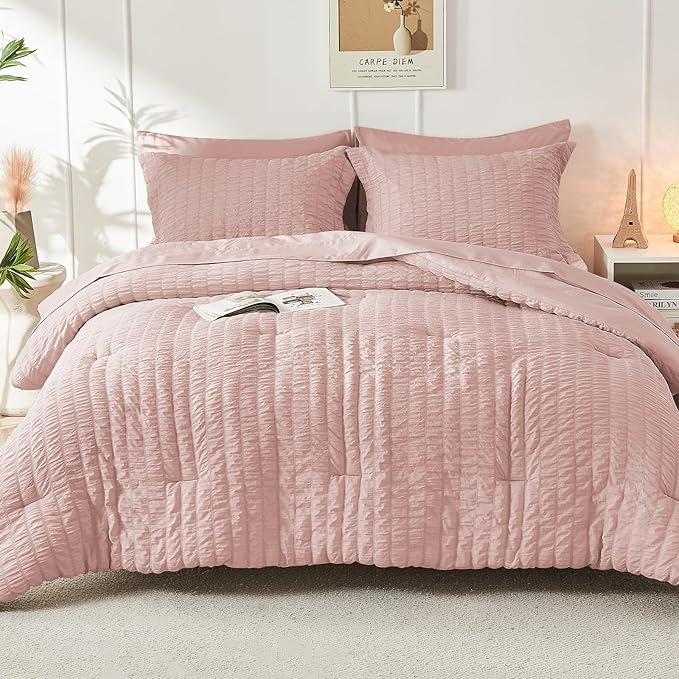 HYMOKEGE Rose Gold King Size Comforter Set Seersucker 7 Pieces, All Season Luxury Bed in a Bag for Bedroom, Bedding Set with Comforters, Sheets, Pillowcases & Shams