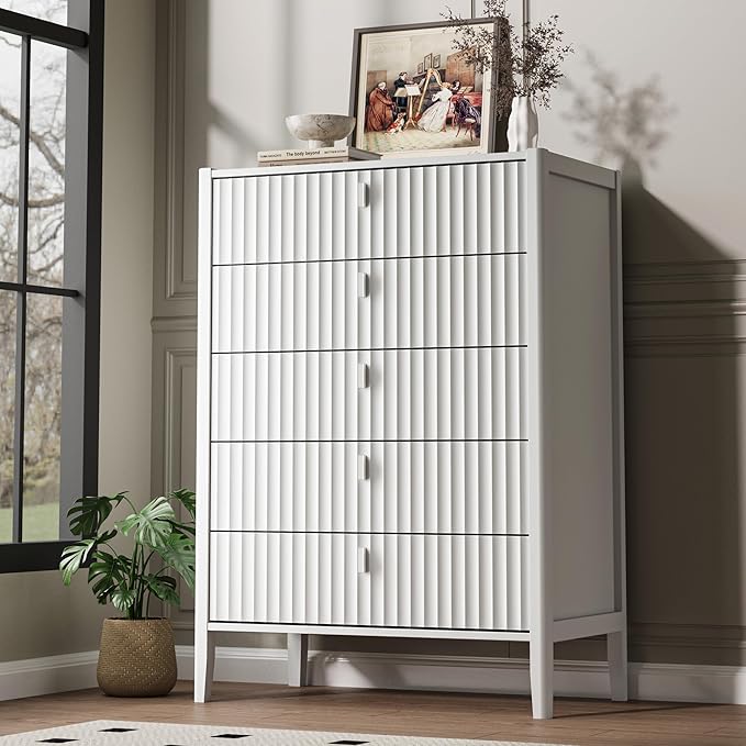 White 5 Drawer Dresser, Fluted Wood Chest of Drawers for Bedroom, Modern Dresser with Deep Drawers for Clothes, 32 Inch Tall Nightstand for Bedroom, Living Rooms, Offices, and Entryways