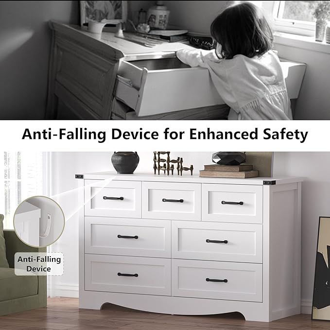 7-Drawer Dresser for Bedroom – 47" Wide Modern Wooden Chest with Natural Wood Texture, TV Stand & Storage, Metal Corner Brackets, Wood Drawer Organizer for Living Room, Hallway