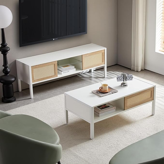 TV Stand, 54.33" TV Console for TVs up to 65 Inches, Mid Century Modern TV Stand Entertainment Center with Storage, with Rattan Door, Shelves & 2 Cabinets, 16 Color Light Strip, White