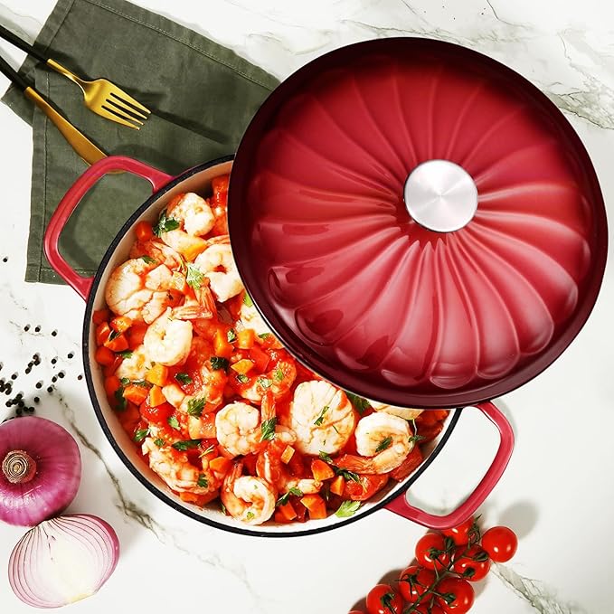 Enameled Cast Iron Dutch Oven with Lid, 6 QT Dutch Oven Pot for Bread Baking, Heavy Duty Cast Iron Pot for Braising, Cook, Bake, Oven Safe across All Cooktops (Red,6 QT)