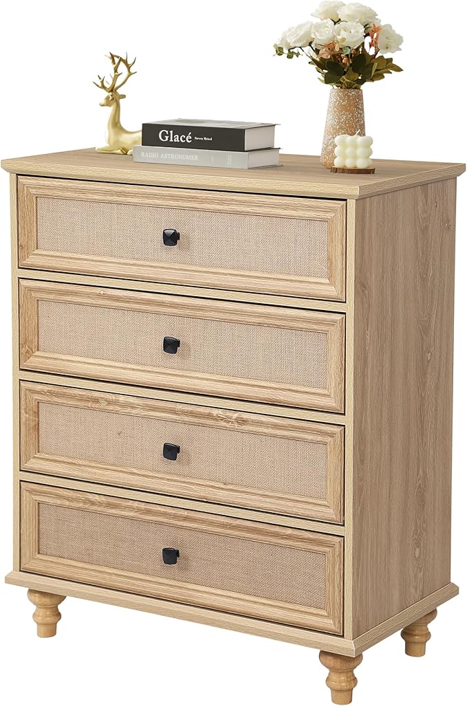 ORRD 8 Drawer Dresser for Bedroom, Mid Century Modern Wide Wood Rustic Chest of Drawers Wooden Storage Organizer Dressers with Burlap Rattan Drawers for Living Room, Hallway Closet, Entryway, Natural