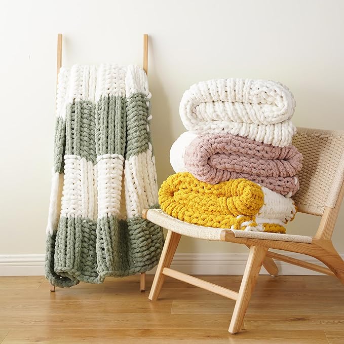 Battilo Chunky Knit Throw Blanket, Soft and Thick Chenille Throw Blanket, 50"x60" Handmade Cable Knit Crochet Blanket, Large Rope Knot Throw Blankets for Couch Sofa Bed Home Decor, Sage & White