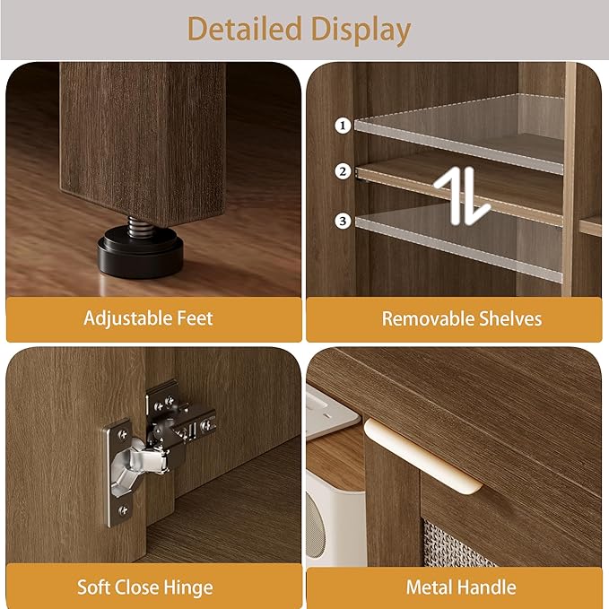 Rattan TV Stand for TVs up to 65'',Boho Entertainment Center with Adjustable Shelves, Mid Century Modern Media TV Console Cabinet with Rattan Doors for Living Roon Bedroom Caramel Oak LTV91BR