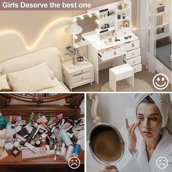 Small Makeup Vanity Desk with Lights and Slidind Mirror, Vanity Table Set with Chair, Lighted Dressing Table with 3 Adjustable Light Modes, 6 Drawers, 6 Shelves, White Vanity Desk for Women