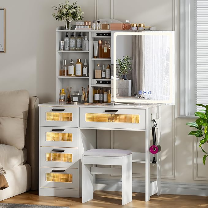 Vanity Desk with Sliding Vanity Mirror and RGB Lights,Makeup Vanity Desk with Charging Station,LED Vanity Table with Hidden Storage,Dressing Table Set with Stool&5 Drawers for Bedroom,White