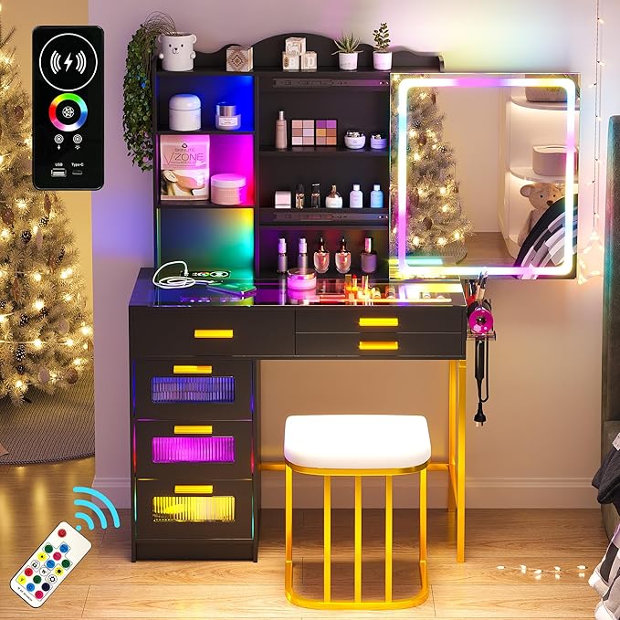 RGB Vanity Desk with Sliding Mirror and Lights, LED Makeup Vanity with Charging Station, Glass Top Dressing Table Set with Jewelry Organizer,6 Drawers,Stool,Shelves for Bedroom (Black)