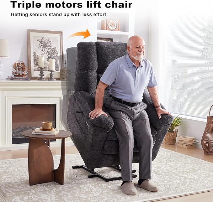 Triple Motor Power Lift Recliner Chair with Massage and Dual Heat for Elderly People, Zero Gravity Lay Flat Recliner Infinite Position, USB Ports(Grey)