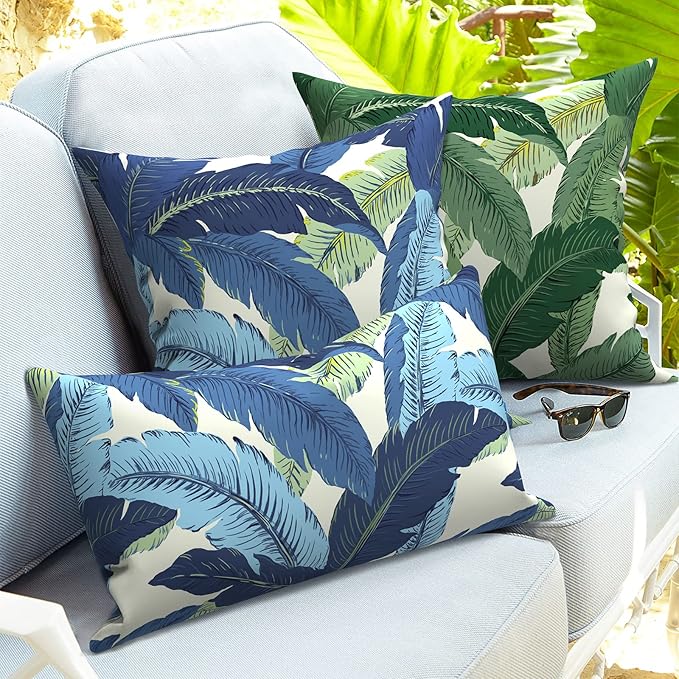 Outdoor Lumbar Pillows 12x20 inch, Rectangle Throw Pillows with Inserts, Decorative Lumbar Cushions for Patio Furniture Garden Couch Home Sofa Office Chair, Pack of 2, Swaying Palms Blue