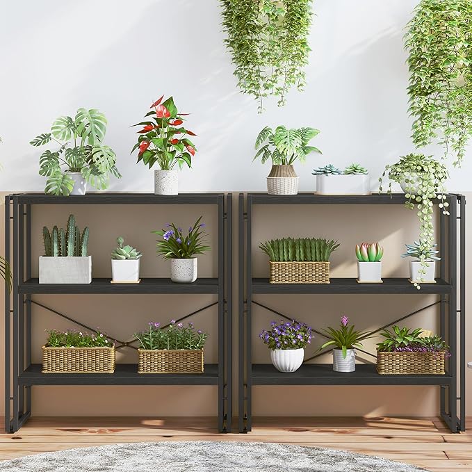 HCHQHS Bookshelf, 3-Tier Industrial Bookcase, Black Open Book Shelf, Freestanding Horizontal Bookshelves with Metal Frame