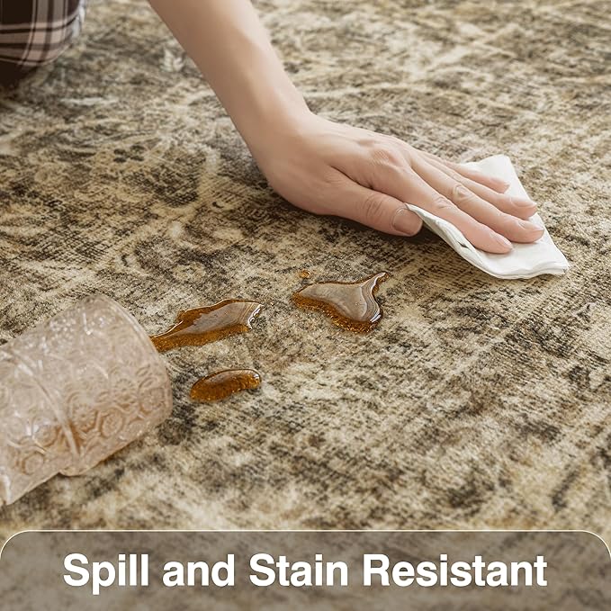 FMFUNCTEX 9x12 Washable Area Rug Brown Vintage Neutral Distressed Large Non Slip Carpet for Living Room Bedroom Soft Low Pile Indoor Mat Retro Floral Throw Rug for Dining Room Kitchen Office Nursery