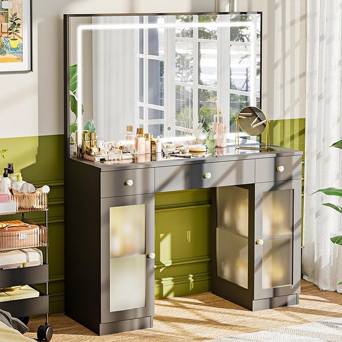 Pamapic Makeup Vanity with Crystal Knobs, Glass Top Vanity Desk with Mirror and Lights, Power Outlet, Drawers and Cabinet, 3 Lighting Color Adjustable Dressing Table, Upgraded Silent Slides, Black