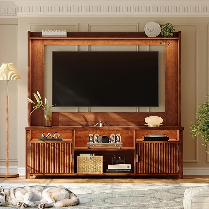 70.9"H TV Stand, Modern Chic Entertainment Center for TVs Up to 70 inches, Extra 4 Storage Wooden Shelves, Magnetic cabinet doors & Curved Profile Design, Media Console for Living Room, Walnut Brown
