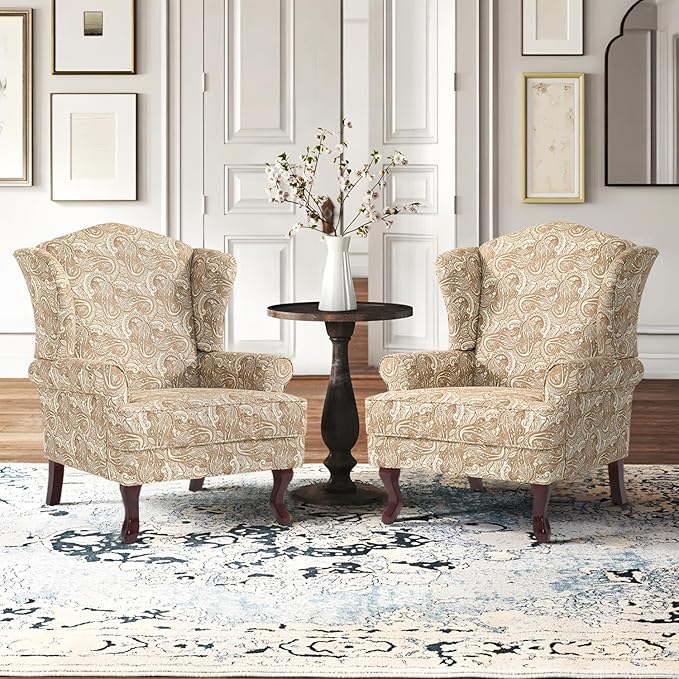 Accent Chair, High Back Upholstered Armchair with High Resilience Sponge & Wood Legs, Mid-Century Modern Comfy Single Sofa Reading Chairs for Living Room, Bedroom (Floral Sand, Set of 2)