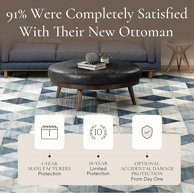 Poly & Bark Gio Ottoman – 30” Round with Feather-Down Topper – Full-Grain Leather Upholstery – Couch Ottoman for Living Room – Italian Leather in Onyx Black