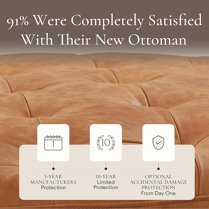 Poly & Bark Ascot Ottoman – 40" Round Pouf with Feather-Down Topper – Full-Grain Leather Upholstered Pouf Ottoman for Living Room – Vintage Italian Leather in Cognac Tan