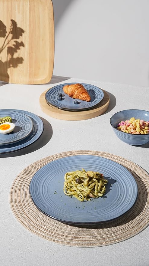 Famiware Plates and Bowls Sets 12-Piece Stoneware Dinnerware Sets, Dishes Set for 4, Hand-made Reactive Glaze Dish Set, Twilight Series, Blue