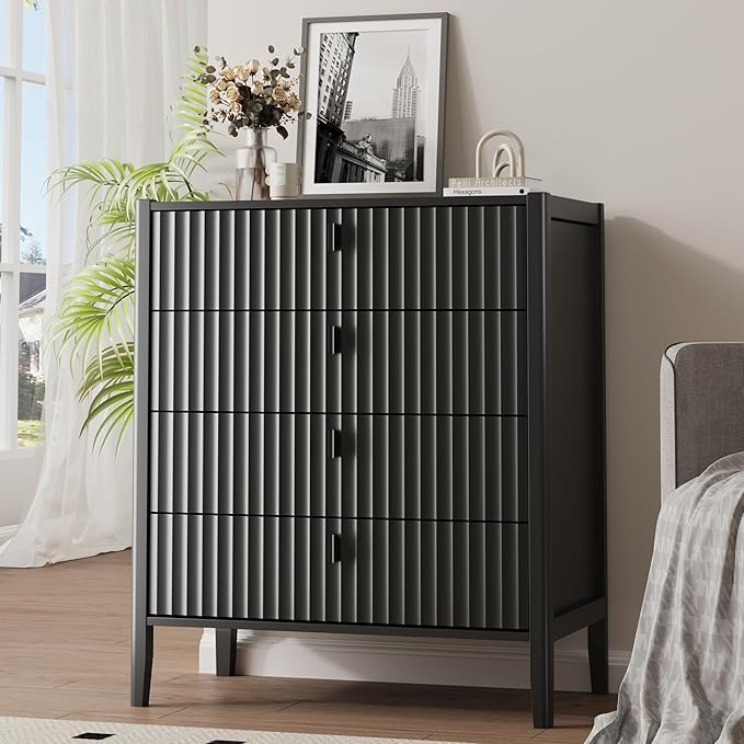 Black 4 Drawer Dresser, Modern Chest of Drawers for Bedroom, Wood Storage Dresser Organizer with Deep Drawers for Clothes, Nightstand for Bedroom, Hallway, Living Room, Entryway