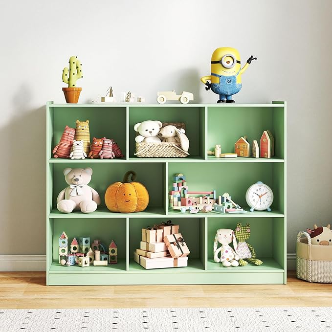 KOTEK Toy Storage Organizer, 5 Cubby Kids Bookshelf, Wooden 3-Tier Bookcase Storage Cabinet, Open Display Book Shelf for Daycare, Nursery, School Classroom, Living Room (Green, 8 Cubes)