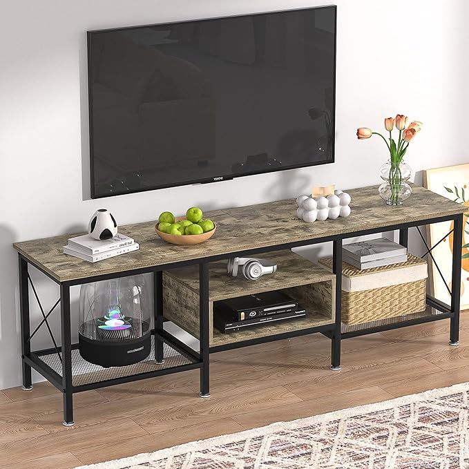 VECELO Industrial TV Stand for 70 Inch Television Cabinet 3-Tier Console with Open Storage Shelves, Entertainment Center Metal Frame for Living Room, Bedroom, 63 Inch, Light Grey