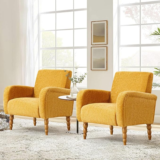 Chenille Fabric Accent Chair, Upholstered Armchair with Solid Wood Legs, Modern Living Room Accent Chair, Comfy Single Sofa Chair Reading Club Chair for Bedroom Reception Lounge, Yellow