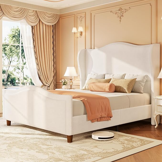 Queen Bed Frame Chenille Upholstered Platform Bed with Headboard and Footboard, 51" High Deep Tufted Wingback Sleigh Upholstered Bed, Modern Retro Minimalist Style, Easy Assembly, Cream