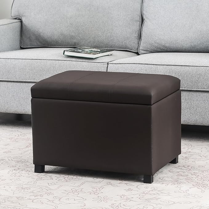 Asense 24'' Small Square Ottoman with Lift Off Lid, Storage Cube Leather Ottoman for Foot Rest, Footstool for Dorm, Living Room, Bedroom,Espresso Brown