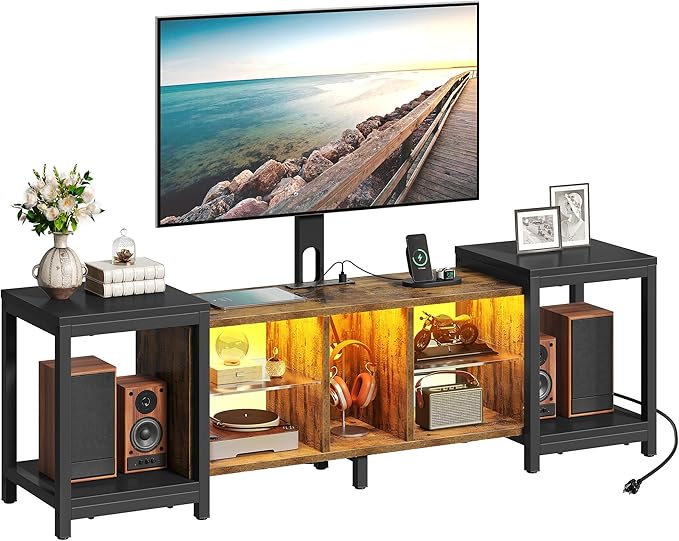 YITAHOME TV Stand with Mount for Living Room, TV Stand for 70inch TV with Power Outlet & LED Lights, LED Entertainment Center, Gaming TV Console Cabinet, Rustic Brown & Black