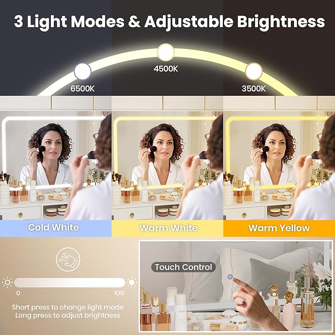 Pamapic Vanity Desk with Mirror and Lights,4 Drawers Golden Handles Makeup Vanity with Storage Stool,Power Outlet,3 Lighting Modes,Silent Slides