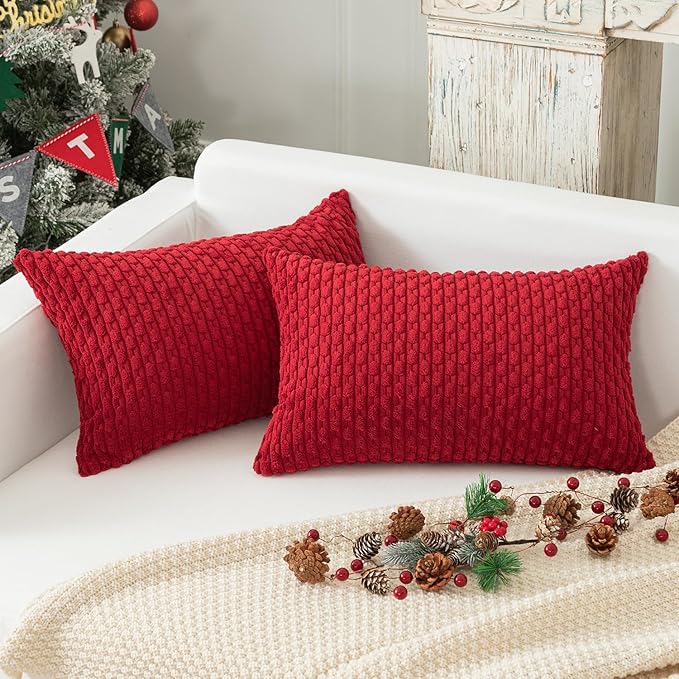 Kevin Textile Lumbar Throw Pillow Covers Ultra Soft Solid Striped Corduroy Rectangle Christmas Pillow Cover for Sofa 12 x 20 inch Burgundy 2 Pieces