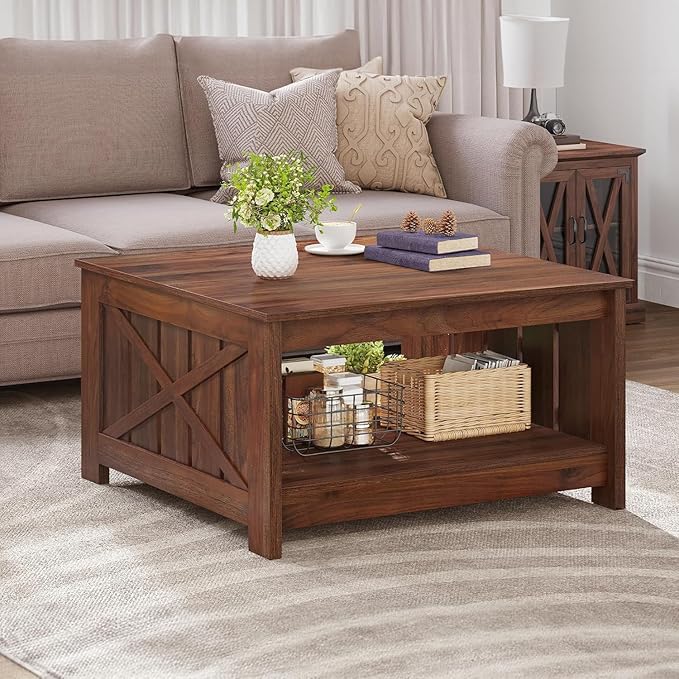 YITAHOME Farmhouse Coffee Table with Storage, Coffee Tables for Living Room Rustic Wood Cocktail Table, Square Coffee Table for Living Meeting Room with Half Open Storage Compartment, Walnut