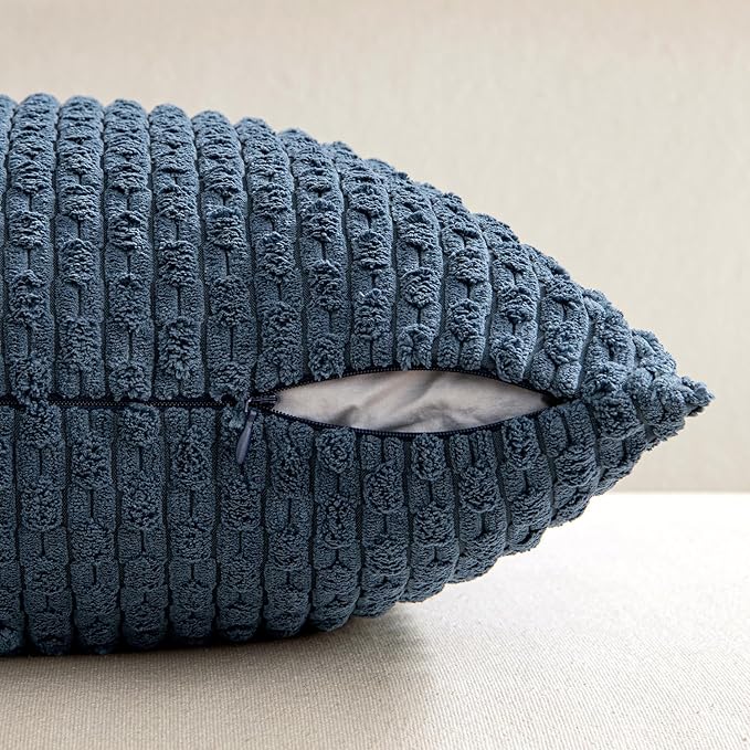 MIULEE Throw Pillow Covers Soft Corduroy Decorative Set of 2 Boho Striped Pillow Covers Pillowcases Farmhouse Home Decor for Couch Bed Sofa Living Room 20x20 Inch Blue