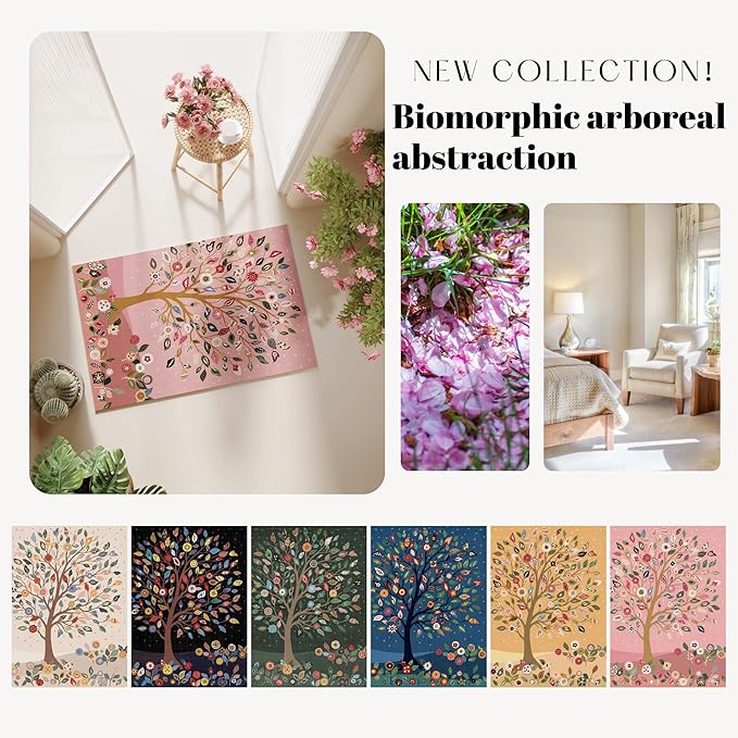 Door Mat Indoor Entrance 2x3 Rug Floral Tree Machine Washable Small Area Rug Bohemian Non-Slip Low Pile Throw Rugs for Entryway, Kitchen, Front Door Indoor Entrance, Entry, Kids Room, Pink