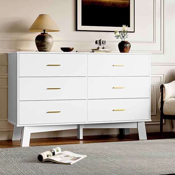 Dresser for Bedroom with 6-Drawer, 47.2" Modern Chest of Drawers with Metal Handles, X-Shape Base & Adjustable Center Leg, Anti-Tip Closet Organizers and Storage