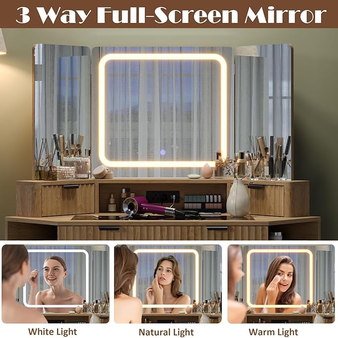 48'' Modern Vanity Desk with HD Triple Mirror & Lights,Large Corner Vanity Table with Glass Top, Charging Station,1Multifunctional Drawers & 2 Small Drawers, Dressing Table Set with 2 Cabinets, Oak