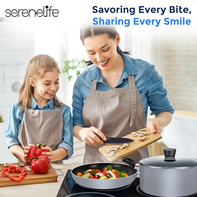 20-Piece Nonstick Kitchen Cookware Set - PTFE/PFOA/PFOS Free Heat Resistant Lacquer Kitchen Ware Pots Pan Set w/Bakelite Handles, Saucepan, Frying Pans, Lid, Knife Set - SereneLife SLCW20GRY (Gray)