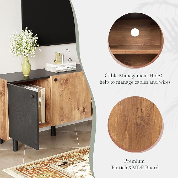 TV Stand for TVs up to 70 Inch TV, Mid Century Modern Entertainment Center with Storage Cabinets and Open Shelf, Media Console with Fluted Panel for Living Room