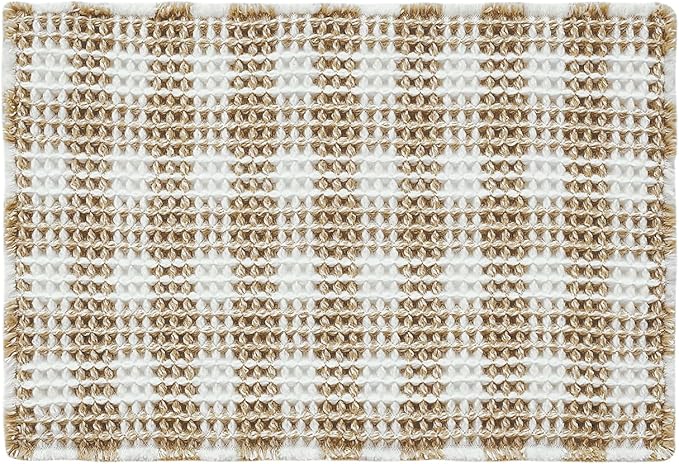 Waffle Bath Mat, Boho Bathroom Rugs Non Slip Washable Absorbent Checkered Bathroom Mat Quick Dry Farmhouse Bathroom Decor, 24"x16" Khaki and White