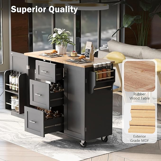 Rolling Mobile Kitchen Island Cart Cabinet with Door Internal Storage Rack, 3 Drawers and 2 Slide-Out Shelves for Dining Room
