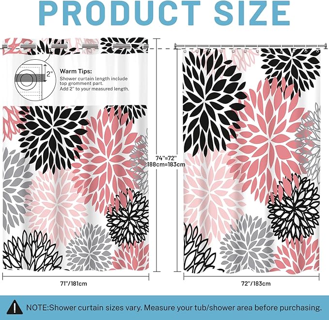 No Hook Shower Curtain with Snap in Liner - Dahlia Floral Shower Curtain - Fabric Waterproof Inner Liner, Plants Pink Grey Flowers Modern Cloth Shower Curtains - Machine Washable, 71 x 74