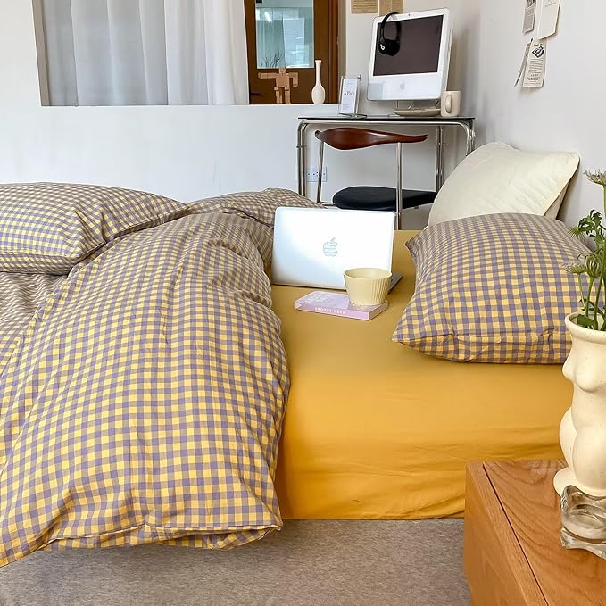 mixinni Yellow/Purple Gingham Comforter Set Queen, Plaid Comforter Set 3 Pieces 1 Vintage Grid Comfoter with 2 Pillow Cases for All Seasons, Soft Fluffy Modern Grid Pattern Printed Bedding-Queen Size