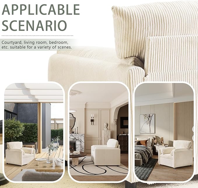 Corduroy Single Sofa Chair Modern Upholstered Accent Chair for Reading Comfy Living Room Chairs with Side Pocket Oversized Armchair for Bedroom, Office(Beige)
