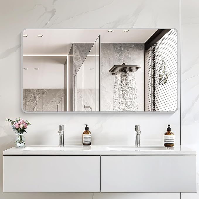 55x30 Inch Silver Bathroom Mirror, Large Rectangular Vanity Mirror, Metal Framed Rectangle Mirrors, Rounded Corner Wall Mounted Mirrors for Living Room Bedroom Entryway Horizontal or Vertical