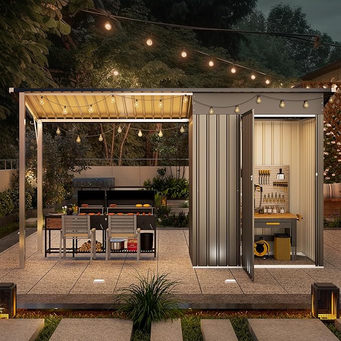 AECOJOY Outdoor Open-Sided Metal Storage Shed, 3x5 Sheds & Outdoor Storage with 15 Sq. Ft Covered, 5' x 3' Small 2-in-1 Tool Shed with Attached Hardtop Metal Pergola Gazebo