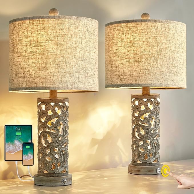 OYEARS 3-Way Dimmable 22'' USB A+C Touch Control Table Lamp Set of 2 with Nightlight for Living Room Bedroom Farmhouse Bedside Nightstand Lamps (Bulb Included)